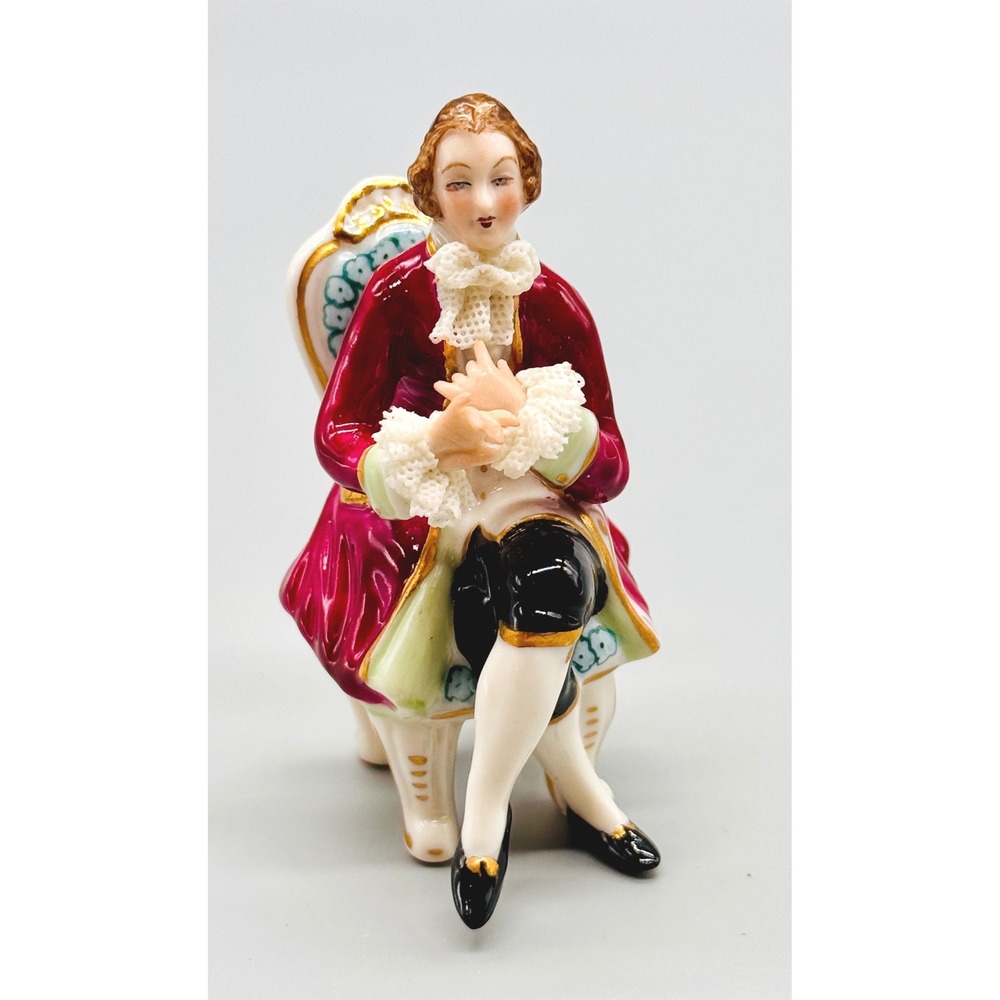 Irish Dresden Lace Porcelain‎ Figurine Gentleman Seated in Chair Maroon Gold 3"